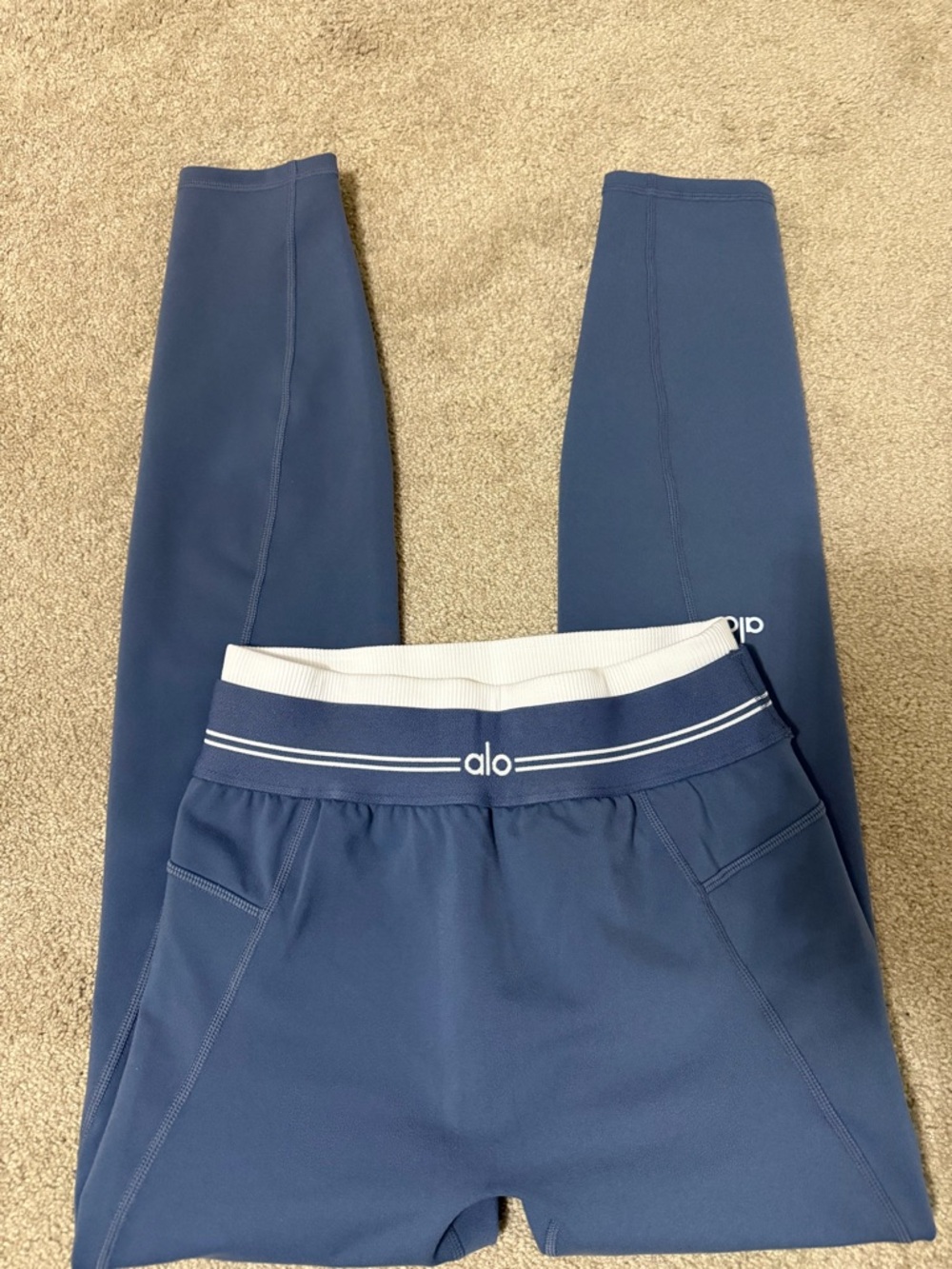 ALO Yoga Navy Blue Leggings with White Waistband